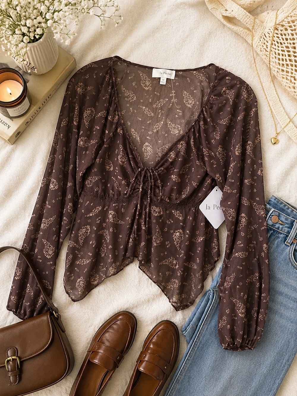 La Peche Semi Sheer Floral Paisley Brown Tie Front Boho Whimsygoth Top NWT - MED